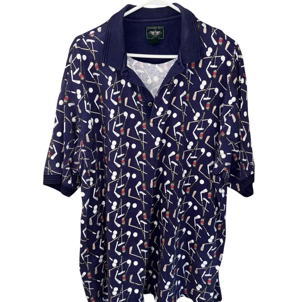 Vintage Dockers Golf short sleeve mens golf ball club print polo shirt cotton XL